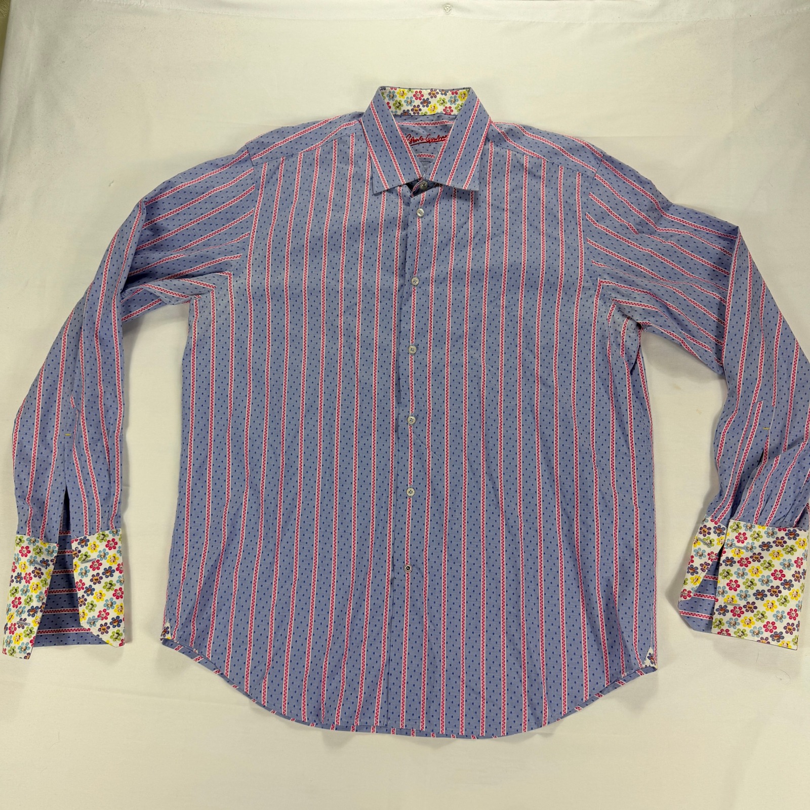 Robert Graham Button Up Shirt Stripe Dot Pattern French Cuff Long Sleeve Xl